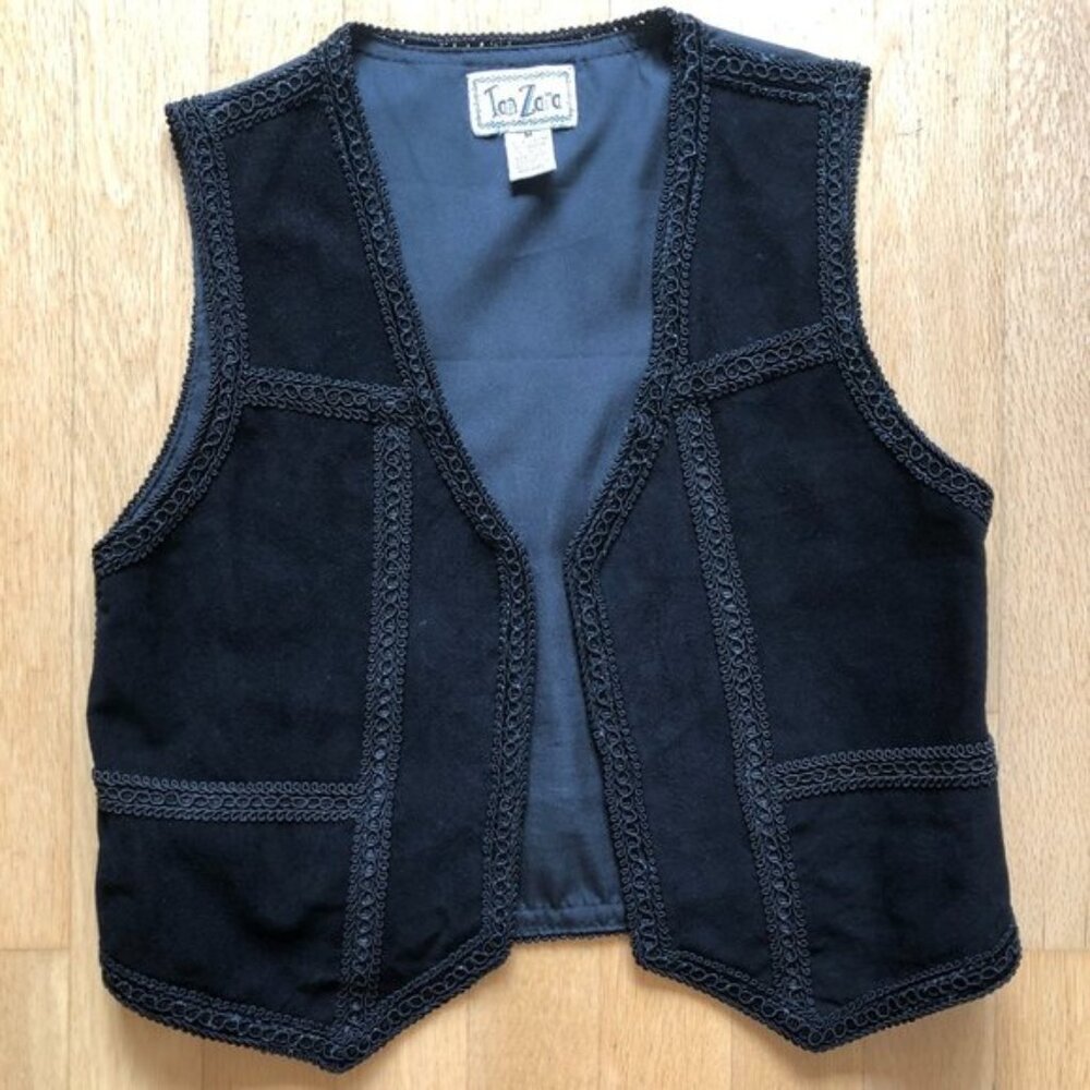 Vintage Womens Black Suede Vest Patchwork Decorative Trim Tan Zara Size M